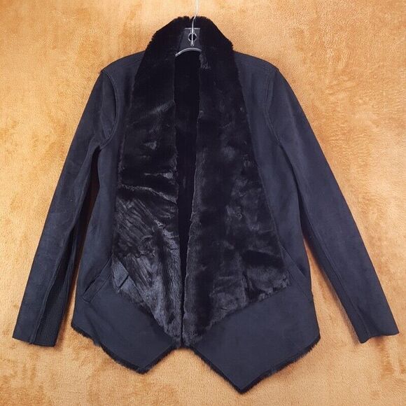 THE KOOPLES Coat Womens Size 2 Black Faux Fur Reversible Open Sueded Jacket - Picture 4 of 10